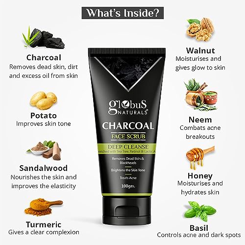 Image of Globus Naturals Anti Pollution & Anti Acne Charcoal Face Scrub, Detox & Deep Cleanse Formula, Fights Pollution and De-Tans skin, For Men with Oily & Acne Prone Skin, 100 gms