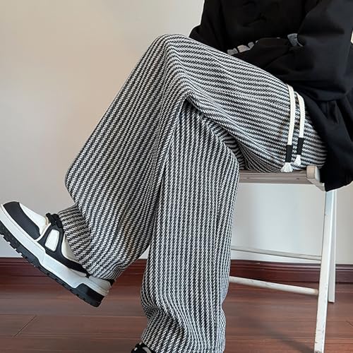 Mens Elastic Drawstring Casual Straight Leg Pants Mid Waist Strpe Patterned Relax Fit Baggy Pant Summer Trousers 6