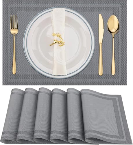 Image of Placemats Set of 6 Dining Table Place Mats | Placemats Table Mat PVC Material | Non-Slip Heat Resistant | Dining Tablemates Washable Anti-Skid | Size 45 x 30cm (Grey)