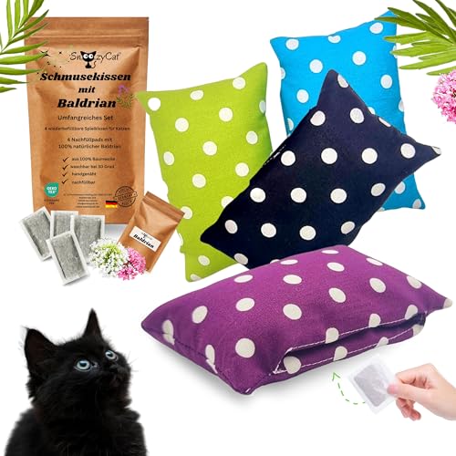 SNOOZYCAT® 4 cojines rellenables para gatos con 4 unidades de hierba gatera 100% natural o valeriana para rellenar para gatos, hechas a mano y lavables, hechas a mano y lavables, fabricadas en