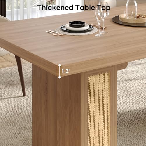 LIKIMIO-787-Farmhouse-Dining-Table-for-6-8-People-Extra-Thick-Wood-Top-with-2-Hidden-Adjustable-Storage-Drawers-Modern-Woven-Rattan-Table-for-Dining-Room-Kitchen-Living-Room-Rustic-White