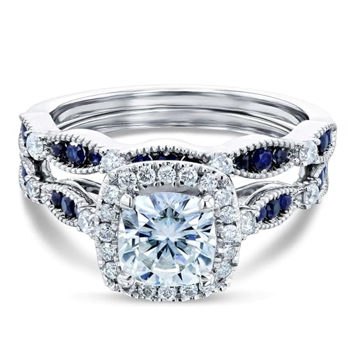 Kobelli Moissanite and Blue Sapphire Halo Bridal Rings Set3