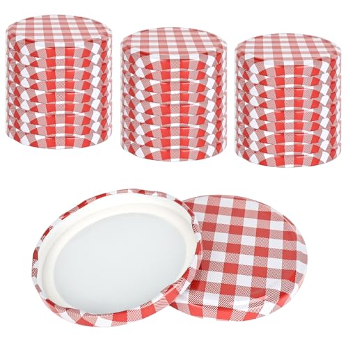 YHNDECO Lot de 50 Couvercles à Visser, Couvercle Pot Confiture 82mm, Carreaux Rouge/Blanc, Couvercles pour Pots de Confiture, Bouchons à Vis pour Bocaux de 230/350/435...