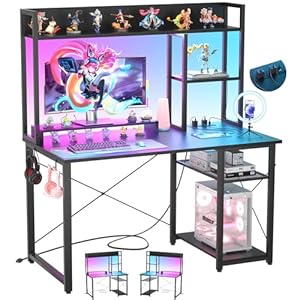 Cyclysio Gaming Desk with Hutch, 39” Computer Desk with LED Lights & Power Outlets, Home Office Desk with Reversible 5 Tiers Storage Shelves & Monitor Stand, Small Gaming Table for Small Space, Black