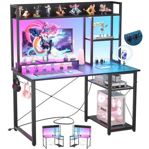 Cyclysio Gaming Desk with Hutch, 39” Computer Desk with LED Lights & Power Outlets, Home Office Desk with Reversible 5 Tiers Storage Shelves & Monitor Stand, Small Gaming Table for Small Space, Black