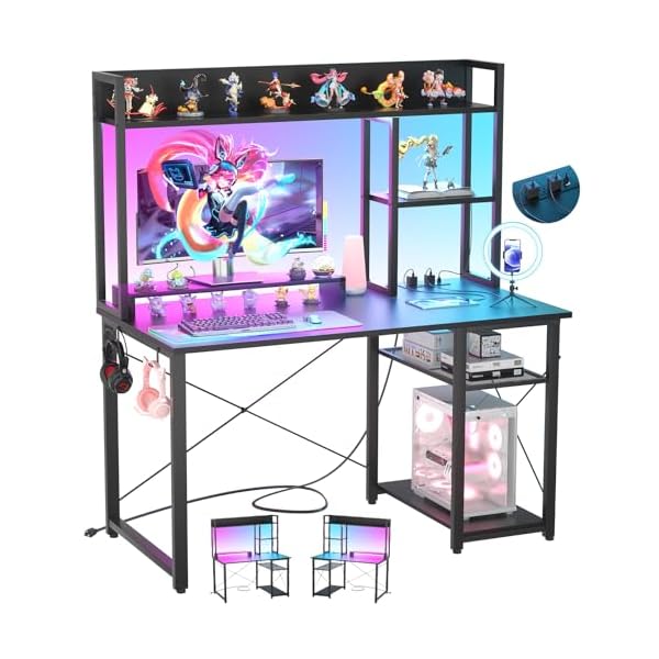 Cyclysio Gaming Desk with Hutch, 39” Computer Desk with LED Lights & Power Outlets, Home Office Desk with Reversible 5 Tiers Storage Shelves & Monitor Stand, Small Gaming Table for Small Space, Black