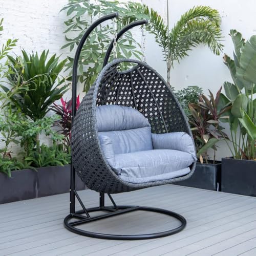 Image of Double Seater Hammock Swing Chair with Stand & Cushion | Heavy Duty Powder Coated Steel Frame | Outdoor Indoor Hanging Swing for Patio Balcony Garden Terrace Living Room (Gray-Grey)