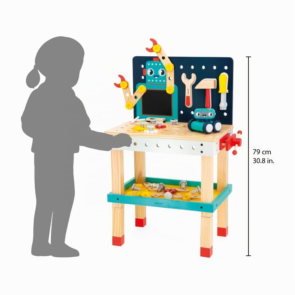 Janod - Mon Premier Jeu de Construction - Grand Établi Robot - Jeu de Bricolage Enfant - 50 Pièces - Hauteur Ajustable - Imitation - 3 Ans + - J06457