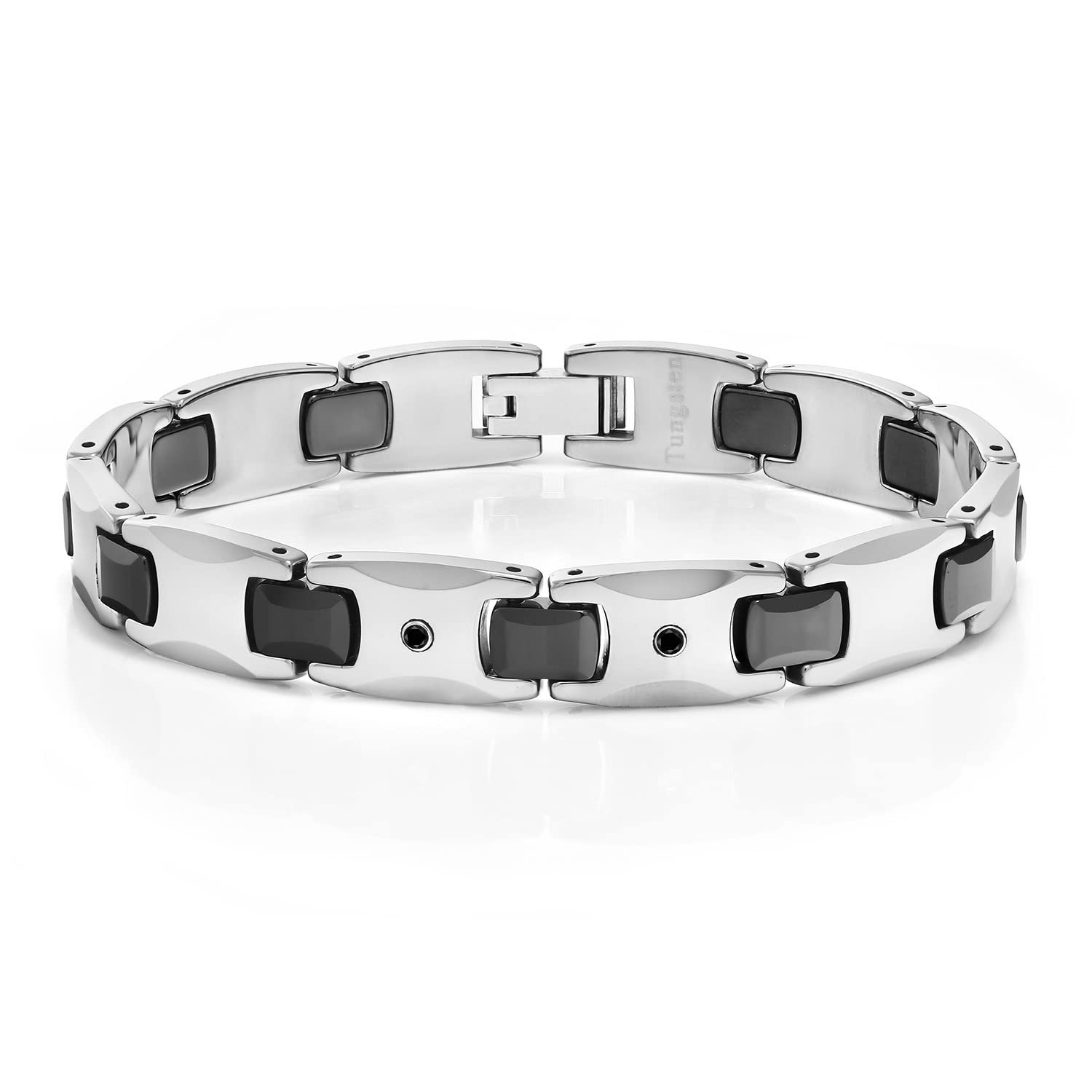 Gem Stone KingMen’s Shiny Polished Tungsten Carbide Bracelet set with 2 Black Diamonds (8.25 Inches in Length with Safety Clasp)