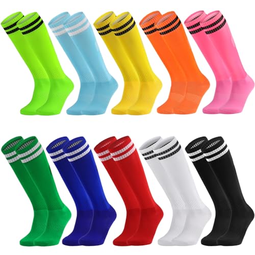 Elfcool 10 Pairs Soccer Socks Stripe Knee High Softball Baseball Team Sports Socks Breathable Football Socks for Men Women