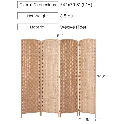 Rose Home Fashion Room Divider, 6 ft Tall Room Dividers and Folding Privacy Screens, 16in Privacy Screen 4 Panel Natural Space Temporary Wall Foldable Partition Separation