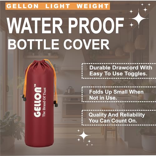 Image of Gellon Bottle Cover In Umbrella Cloth For 750 ML, 1 L to 1.5 Litre Water Proof Drawstring Closer For Travel, Hiking, Office & School Kids In Black Color (Maroon)