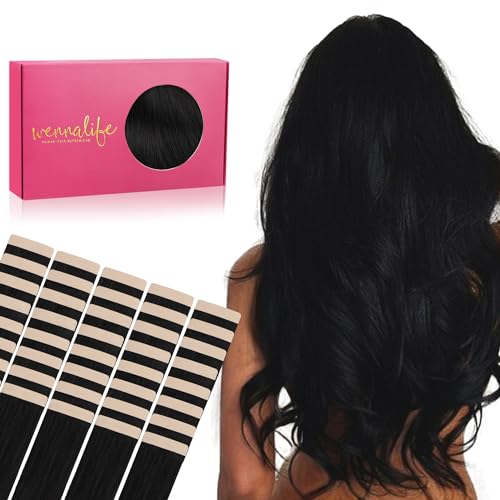 Image of WENNALIFE Tape in Hair Extensions Human Hair, 40pcs 100g 24 inch Jet Black Hair Extensions Real Human Hair Straight Tape in Extensions Invisible Human Hair Extensions Reusable Real Hair Extensions