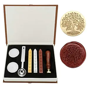 Vintage Rosewood Wax Seal Stamp Set with Gold Red Silver Sticks Totem Sealing Wax Seal Stamp (Tree of Life 2)