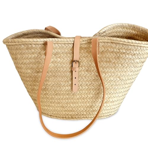 Bolso de paja francés con asas de cuero, bolso bandolera de verano para mujer, cesta artesanal para mercado miniatura 1