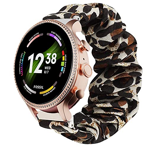 Lamshaw Compatible for Fossil Gen 6 Smartwatch Band, Fabric Elastic Scrunchie Elastic Replacement Straps Compatible for Fossil Gen 6 42mm / 44mm Smartwatch (Leopard, 42mm case women)
