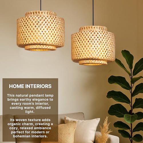 Image of Habere India-All the Cultures Fabricating India Bamboo Pendant Lamp | Boho Lampshade | Cane Lamp Shade | Bamboo Hanging Lamps (Diameter 30 CM, Height 30 CM)