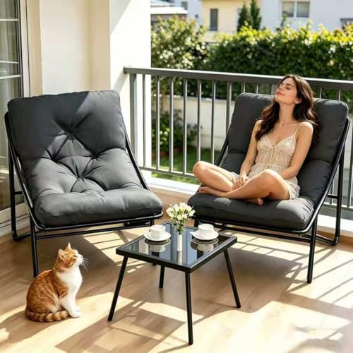 Balkonmöbel Set 3 teilig, Terrassenmöbel 2 Stühle mit Sitzkissen und Tisch, Gartentisch mit Stühlen, Balcony Furniture, Balkonmöbel Set für Kleinen Balkon, für Terrasse, Balkon (Grau, ‎90 x 69 x 80CM)