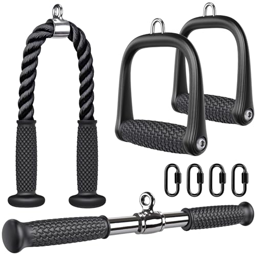 Kipika Tricep Pull Down Attachment - Cable Machine Accessories for Home Gym - 18" Rotating Straight Bar, 28" Tricep Rope, 2 D Handles