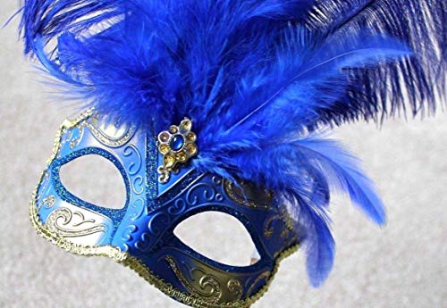 LADIES BLUE & GOLD VENETIAN MASQUERADE HALLOWEEN CARNIVAL PARTY EYE BALL FEATHER MASK, Blue Gold, 7cm Deep exc Feathers - Image 3