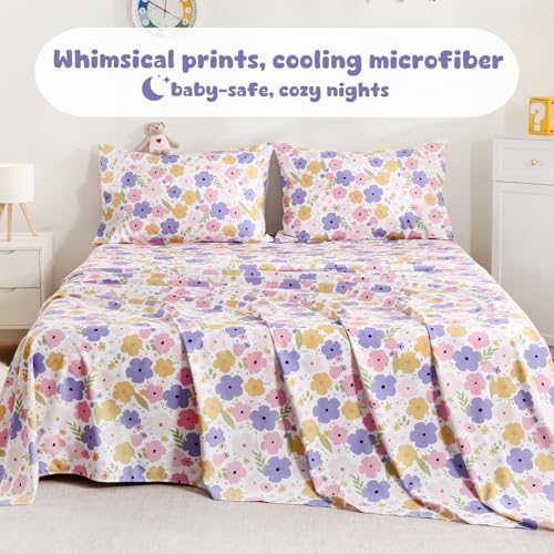 LONAVA Queen Sheet Set Kids - 4 Pieces Soft Microfiber Cartoon Style Bedsheets for Boys Girls Teens, Oeko TEX, Breathable Deep Pocket Sheets, (Flower) - Thumbnail 5