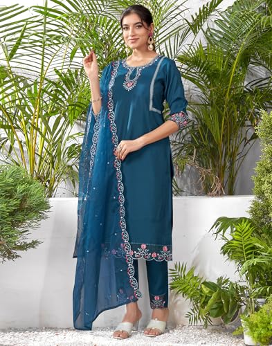 Image of SIRIL Women's Rayon Viscose Sequence Embroidery Work Straight Kurta Pant with Dupatta Set