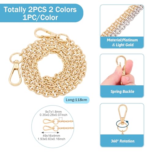 46"/118cm Purse Chain Straps Replacement Flat Chains with Buckles Set Handle Replacement Crossbody Shoulder Straps for DIY Purse Handbag Purse Straps Replacement 2 Pcs2