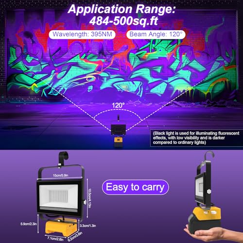 Image of Portable LED Black Lights, Cordless Blacklight Compatible with Dewalt 20V Battery, 395nm Ultraviolet Flood Light with 140 Adjustable, USB & Type C Charging Port for Glow Party Stage (4 Pack)