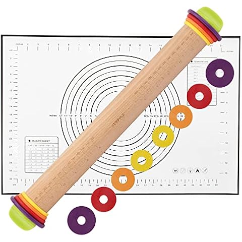 Mepple Adjustable Rolling Pin with Thickness Rings and Pastry Baking Mat, 13.6" Wood Dough Roller Perfect for Baking Cookie Pizza Cover