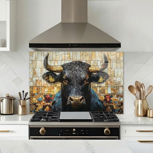 Protector para estufa de vidrio templado con diseño de vitral de toro, decoración artística para cocina miniatura 4