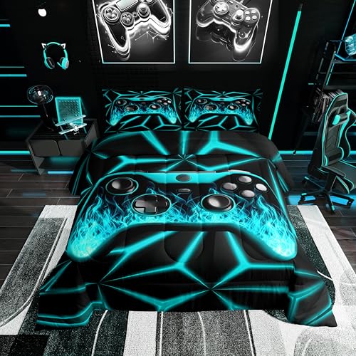 Video Game Twin Bedding Sets for Boys Game Room Decor Comforter Set for Game Lovers, 3D Geometric Gaming Bedding Comforter Sets Teal Flame Game Consoles Down Comforter Kids Neon Geometry Duvet Set