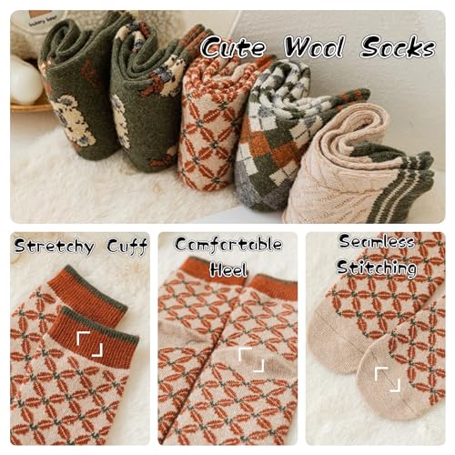 Image of 5 /10 Pairs Wool Socks for Women Thick Knit Cozy Vintage Cute Animal Floral Crew Socks