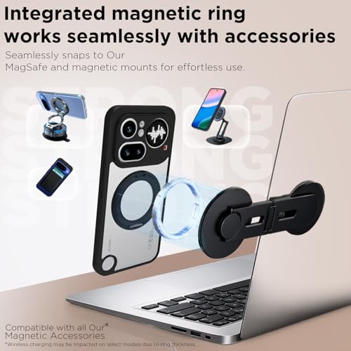 Image of RIGGEAR Shockproof Sleek Hybrid Armor 360 Rotating Magnetic Ring Stand Back Cover Case Compatible with MagSafe Accessories for Nothing Phone 4a Pro 5G (Clear PC + Black TPU Bumper)