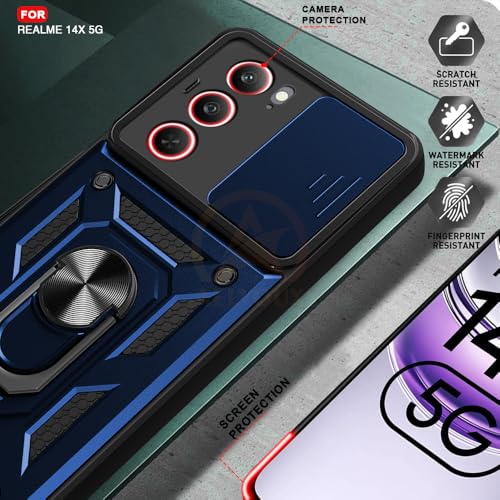 Image of Armor Bumper Back Cover Case for Realme 14X 5G | Rotating Camera Cover, Ring Holder & Kickstand | Heavy Duty & 360 Degree Protection Realme 14X 5G Back Cover (Blue)