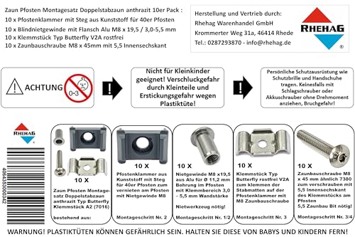 Zaun Pfosten Montagesatz Doppelstabzaun grau anthrazit 7016 Typ Butterfly Klemmstück V2A (anthrazit) 10er Pack