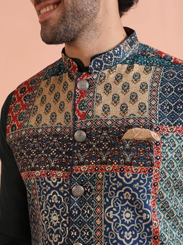 Kisah Men's Ethnic Wear Regular Fit Printed Cotton Blend Multi-Green Nehru Jacket-38