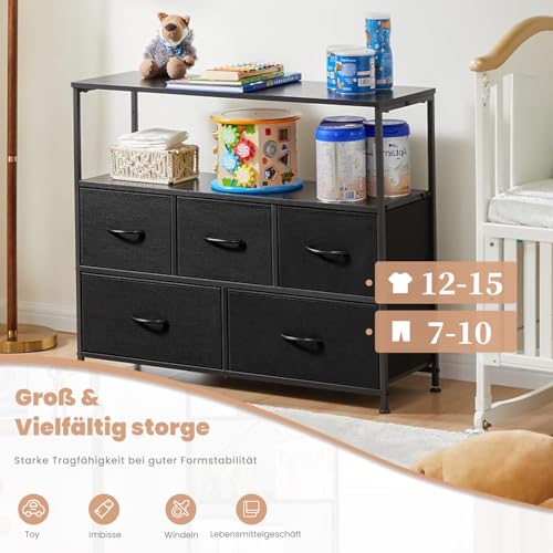 DUMOS Kommode mit Schubladen - kommoden & Sideboards für Schlafzimmer Geeignet, Komodenschrank mit 5 Schubladen, TV-Schrank mit Stabilem Stahlrahmen, Ideal für Schlafzimmer, Wohnzimmer (Schwarz)