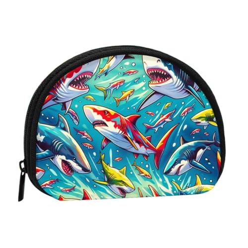 Portable Coin Purse Colorful-Sharks-Pattern Mini Zippered Money Pouch Card Holder