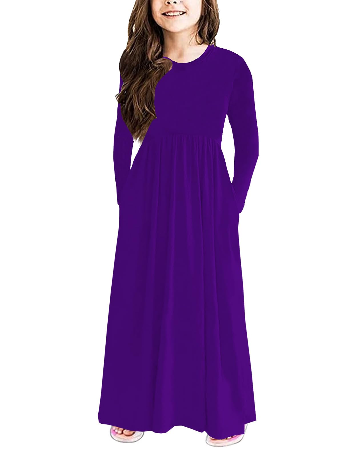 21KIDS Girls Maxi Dress Kids Solid Long Sleeve Casual Dresses with Pockets for Girls 6-12 Years