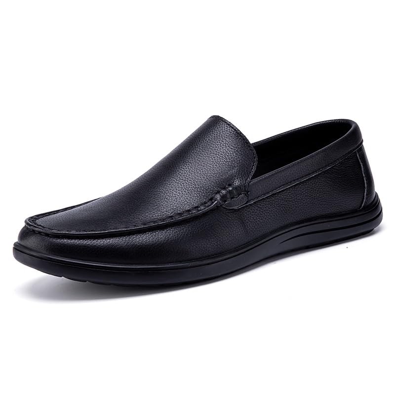 Mens Loafers Shoe Round Toe Leather Solid Color Loafer Shoes Lightweight Flexible Flat Heel Fashion Slip On