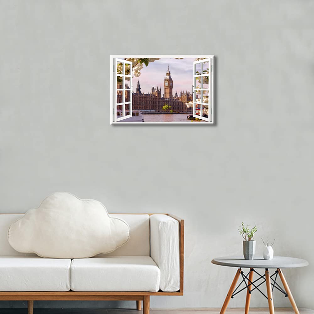 TISHIRON 3D Window Effect Canvas Wall Art Palace of Westminster Poster London Big Ben Cityscape Modern Home Decor Artwork Canvas Wall Decor for Living Room Framed Ready to Hang - Image 2