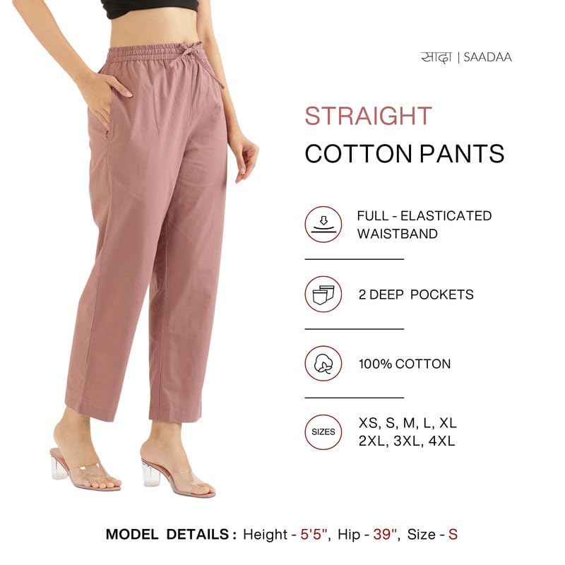 Image of SAADAA Cotton Straight Pants for Women | Breathable Everyday Wear Trousers | Drawstring, Deep Pockets & Elastic Waistband | Casual & Comfortable Fit