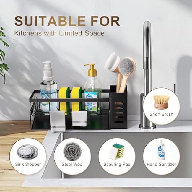 Sponge Holder for Kitchen Sink,Kitchen Sink Caddy Organzier with High Brush Holder,Countertop Soap Dispenser Organizer