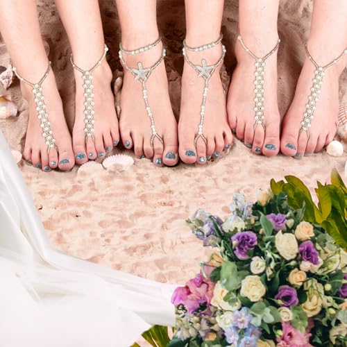 Kigeli 12 Pairs Foot Jewelry Barefoot Sandals for Women Beach Pearl Anklet Chain with Starfish Rhinestone Boho Crystal Barefoot Sandals for Wedding Bride Bridesmaid Beach Wearing3