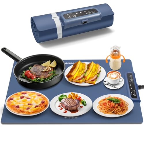 INNOWARMER Warmhalteplatte Elektrisch,Speisenwärmer Ganzflächige Erwärmung,Faltbare Silikon Warmhalteplatte 3 Einstellbarer Temperatur & Timer,Buffetwärmer Elektrisch für Buffet Familie (Blau)