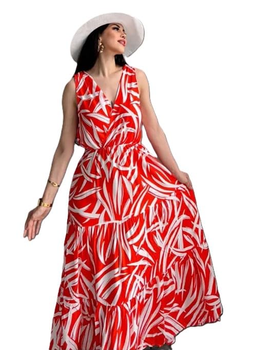 Women’s Rayon Blend V-Neck Tropical Leaf Print Tiered Maxi Dress (Zibra) Women’s Rayon Blend V-Neck Tropical Leaf Print Tiered Maxi Dress (Zibra)