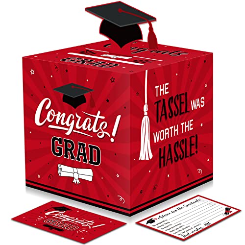 Funrous Large 2025 Red and Black Graduation Card Box with 30 Pcs Advice Card Gift Money Box Congrats Grad 3D Cap Top Holder Class of 2025 Party Decorations College Graduation Supplies