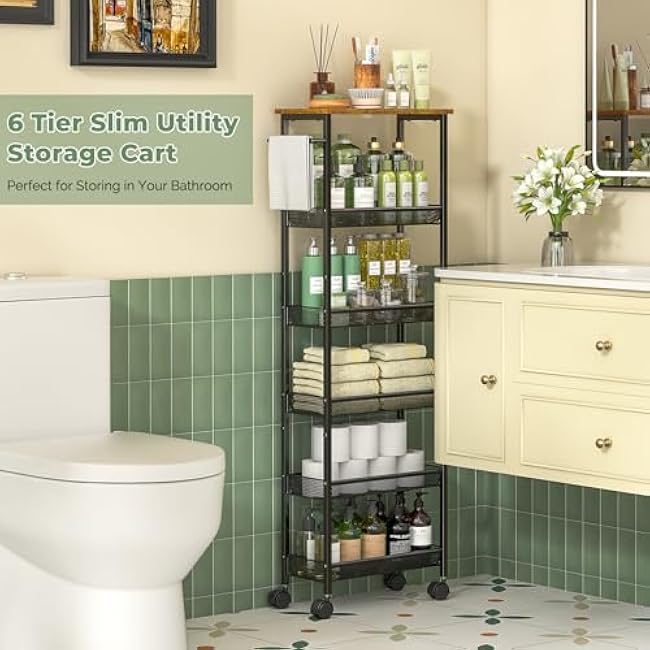 6 Tier Slim Storage Cart with Handle, Rolling Kitchen Laundry Room Storage Cart with Wooden Top, Narrow Metal Bathroom Trolley on Wheels for Small Space, Mobile Shelving Unit, 7.9in(W)-t2L9Zi34