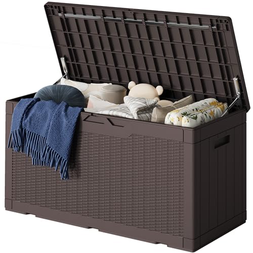 Greesum 100 Gallon Resin Deck Box Lockable Large Outdoor Storage Boxes for Garden Tools, Patio Furniture Cushions, Pool Supplies, Dark Brown