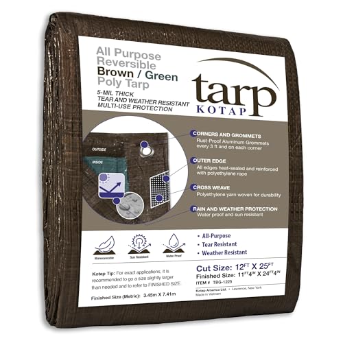 Kotap 12 x 25 Ft. All-Purpose Multi-Use Protection/Coverage 5-mil Poly Tarp, Reversible, Waterproof, Brown/Green, (TBG-1225)